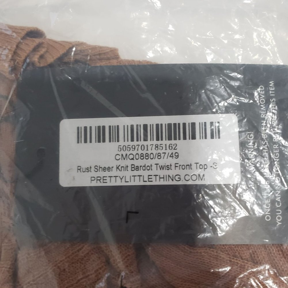 NWT PRETTYLITTLETHING RUST SHEER KNIT BARDOT TWIST FRONT TOP - Size Small - Picture 4 of 7